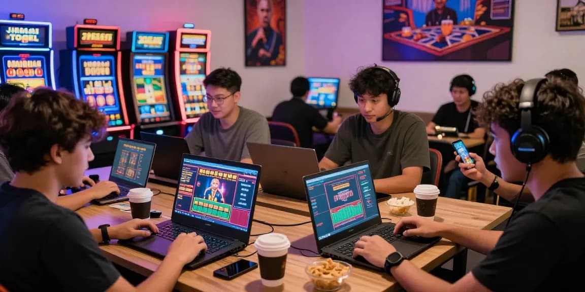 Aktivitas pemain dalam taruhan juragan togel secara online dengan perangkat modern di lingkungan yang ceria.