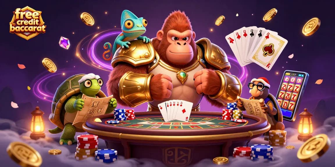 Engage with free credit baccarat at a bustling gaming table, surrounded by vibrant casino elements.