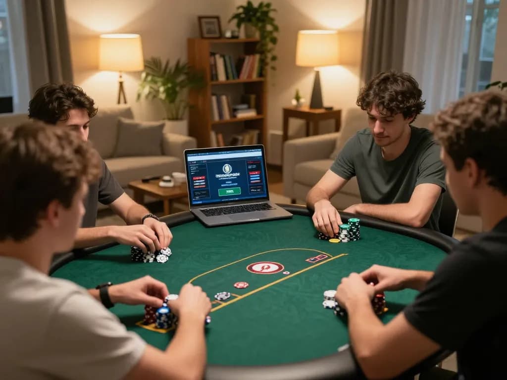 Players compete in an online poker game at home using tr88 for exciting gameplay.