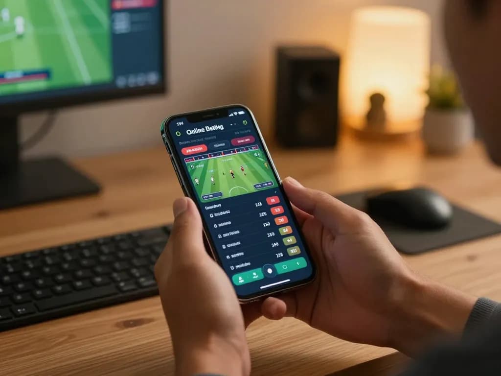 Engaging with keonhacai's online sports bets displayed on smartphone in a cozy home office.