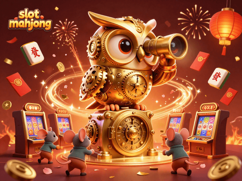 Spin the reels in slot mahjong as whimsical owls and mice dance amid festive casino lights.