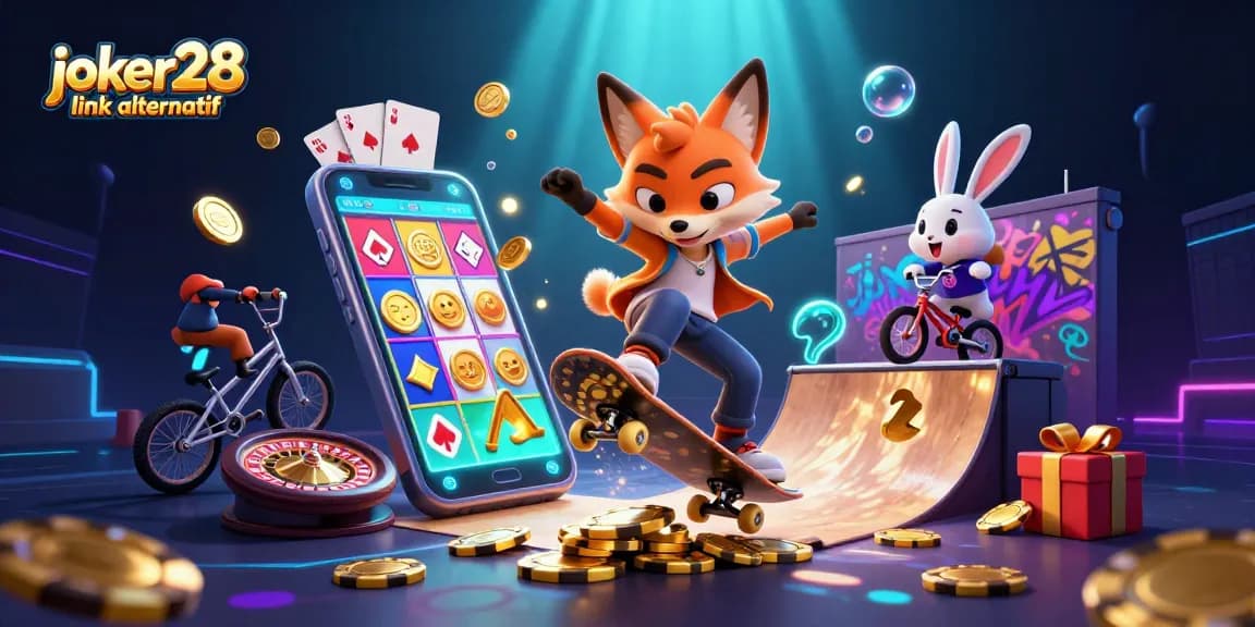 Joker28 link alternatif menawarkan pengalaman bermain slot yang penuh warna dan peluang menang besar dalam ilustrasi kasino yang dinamis.