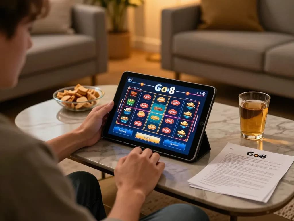 Player engaging in Go8 online gaming with tablet in cozy setting, emphasizing strategic fun.