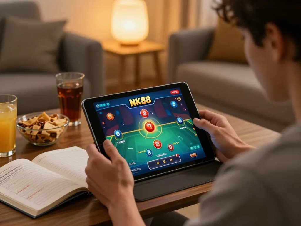 Player enjoying NK88 app on tablet while practicing responsible gaming strategies at home