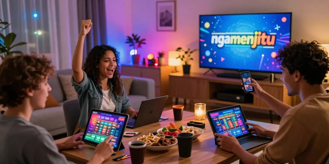 Excited players celebrating wins on ngamenjitu online gambling platform in a cozy living room.