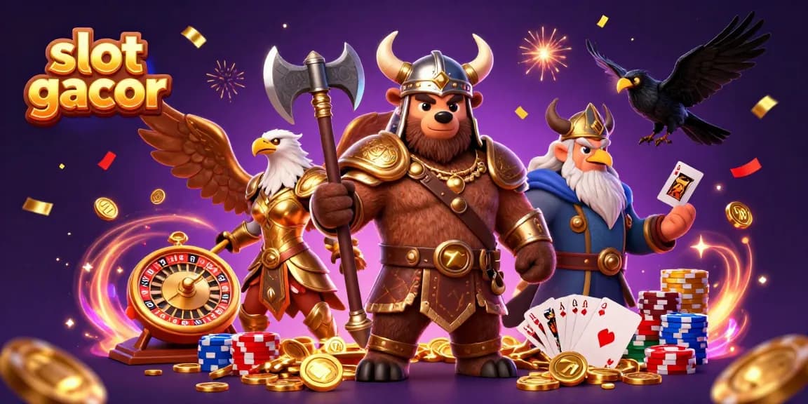 Play slot gacor with thrilling visuals of Viking heroes amidst dazzling casino elements.
