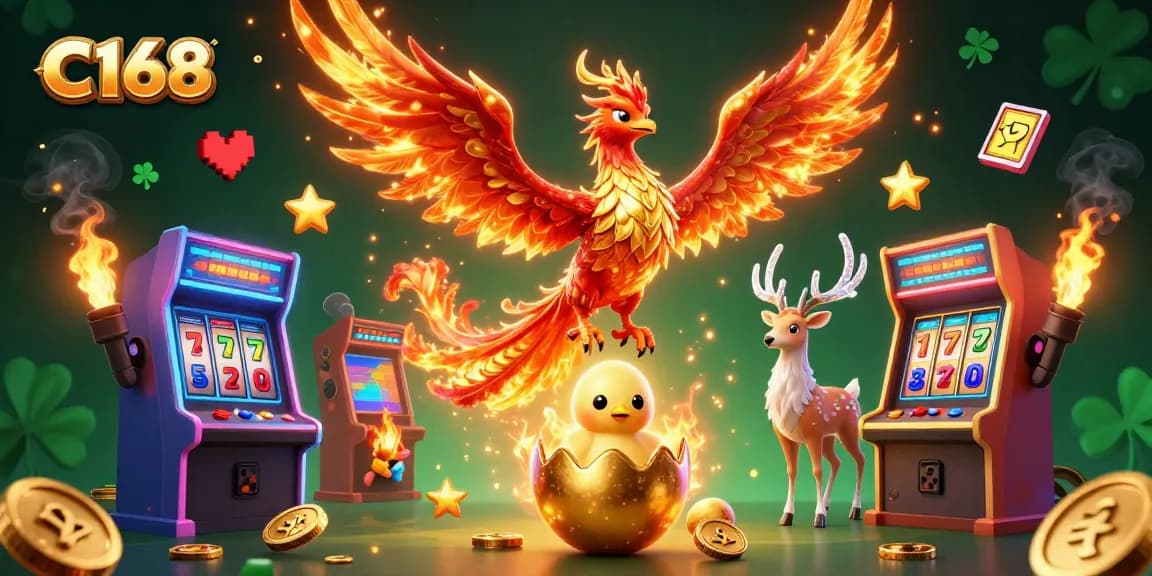 C168 offers thrilling action with a vibrant phoenix scene amidst dazzling arcade elements and interactive game features.