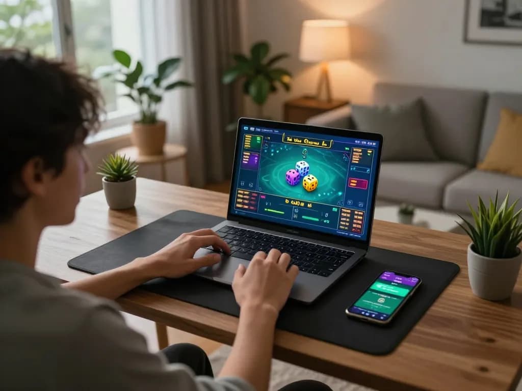 Engaging in tài xỉu online with a laptop setup and strategic betting planning.