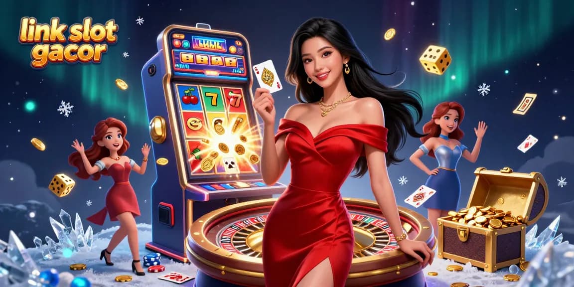 Experience the excitement at link slot gacor with this vibrant casino scene featuring a radiant woman and dynamic game elements.