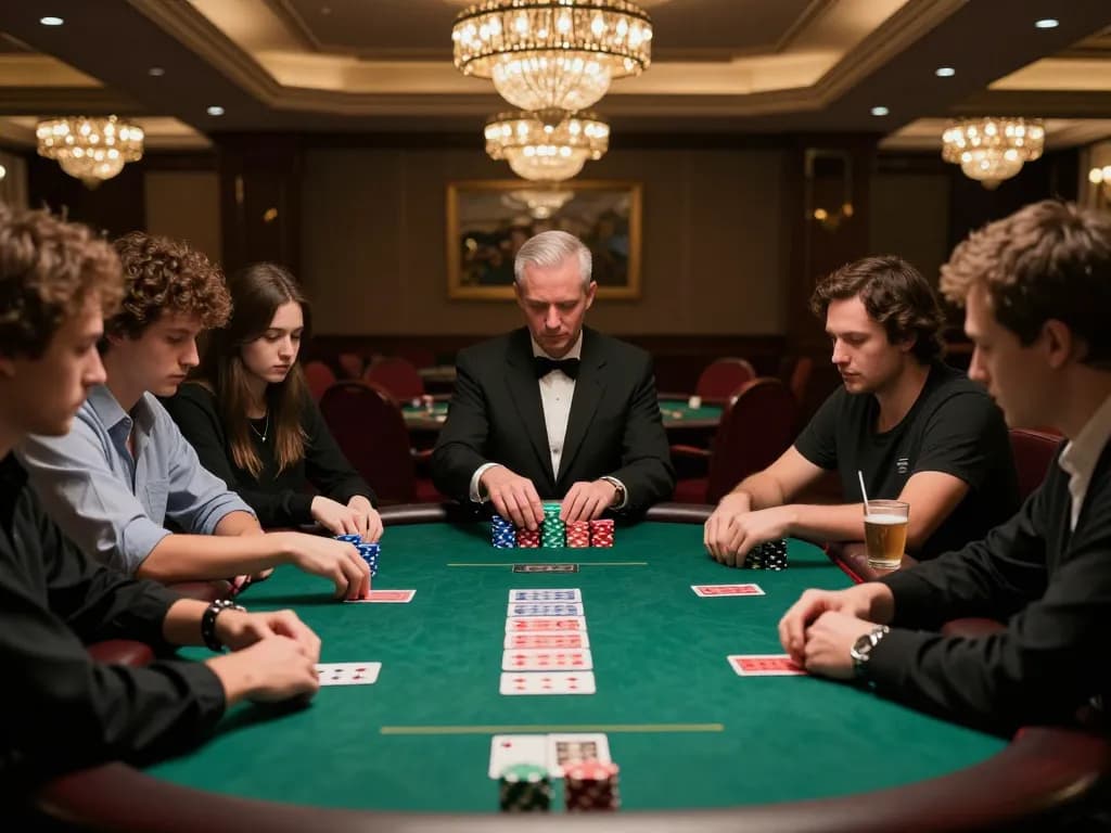 MM88 high-stakes poker game in an upscale casino showcasing tension and strategy.