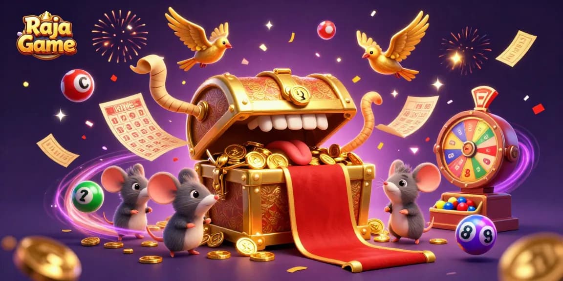 Engage in thrilling gaming with Raja Game, featuring dynamic lottery actions and colorful casino elements.