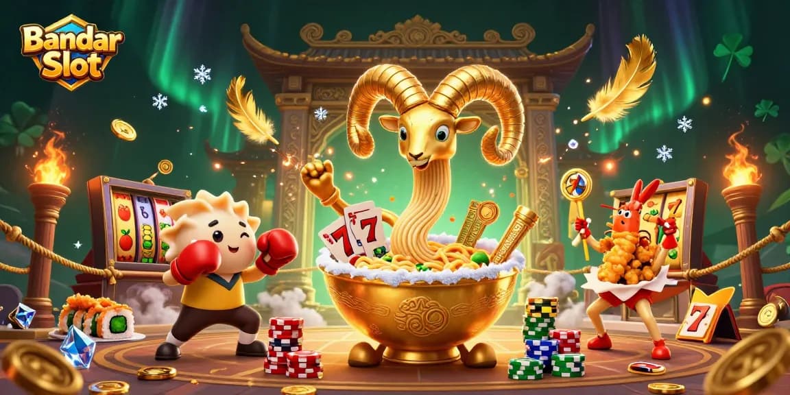 Gambarkan Bandar Slot dengan karakter mangkuk ramen emas 3D, dealer sushi dan cheerleader udang tempura penuh perhiasan