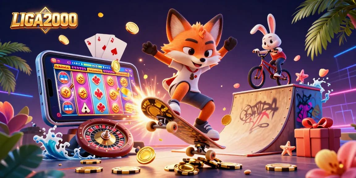 LIGA2000 menampilkan adegan kasino 3D yang penuh warna dengan rubah skateboard dan kelinci BMX yang terlibat dalam permainan yang mendebarkan.
