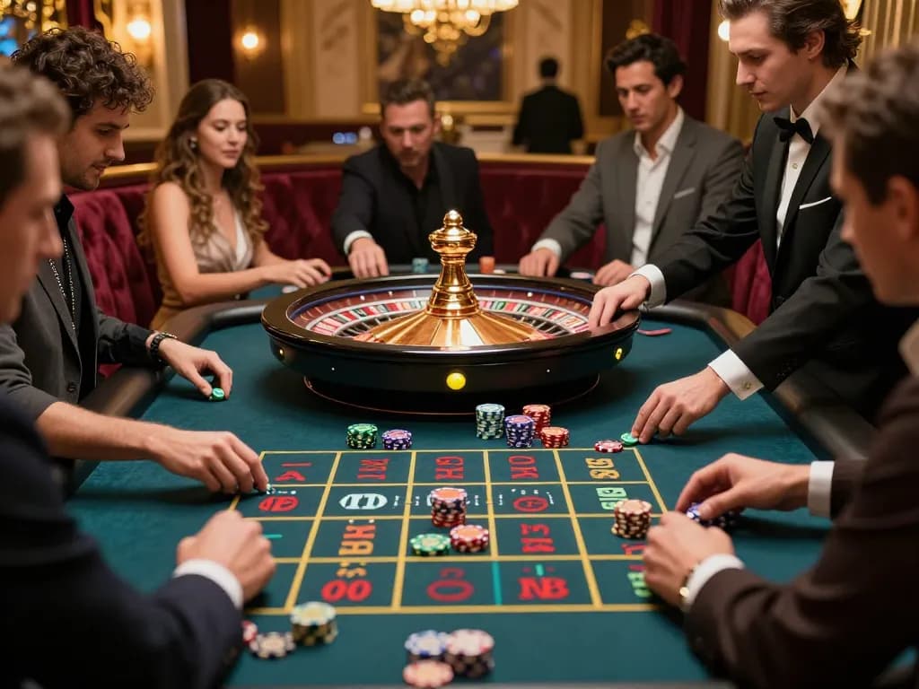 Engaging players at a roulette table placing bets in a vibrant toto togel casino atmosphere.