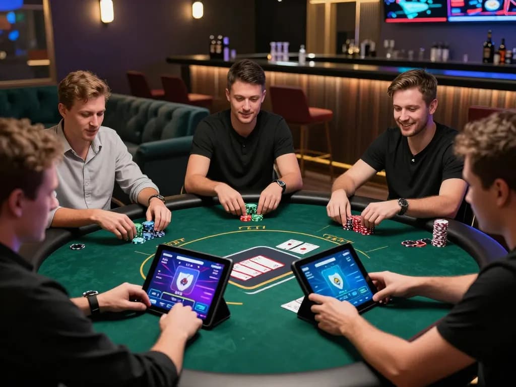 Engaged players enjoying online poker via MPOSPORT app at https://digitalgamesprices.com/xboxone.html, vibrant gaming atmosphere and modern tech.