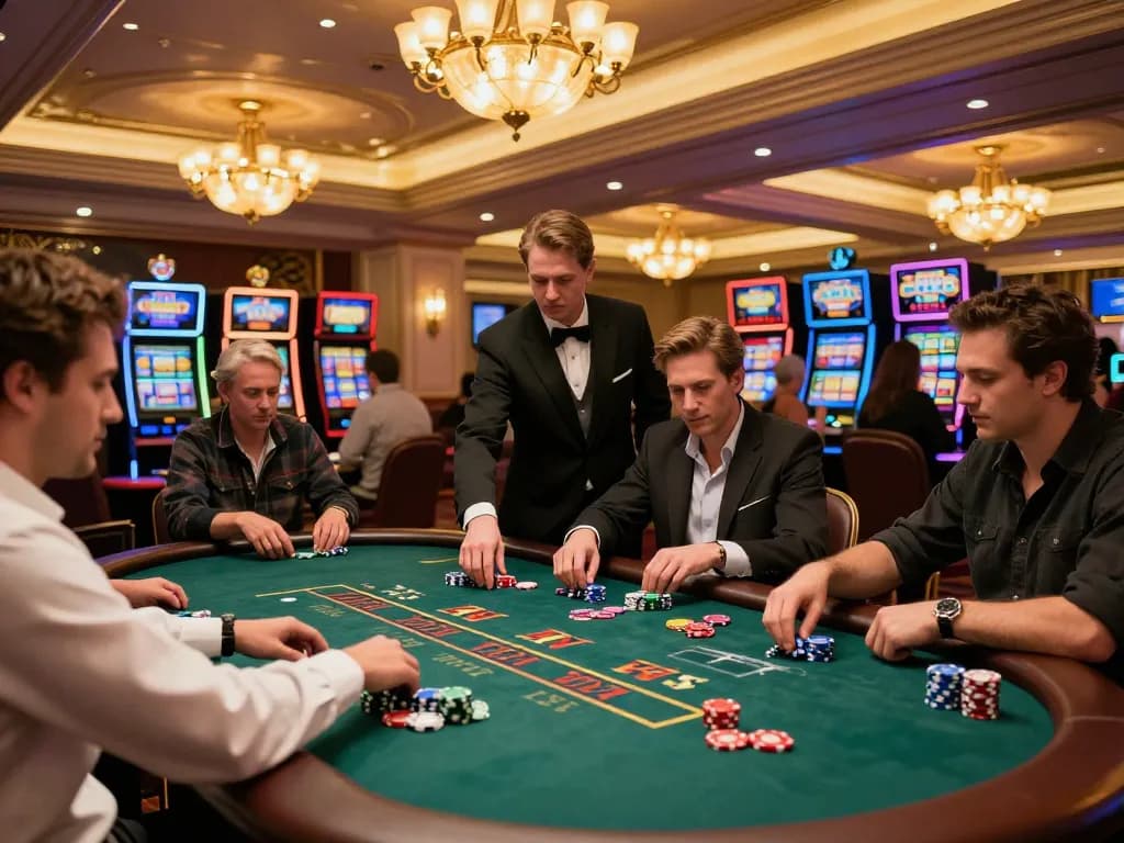 Experience cm88's thrilling atmosphere with players engaged in high-stakes poker at a vibrant casino.