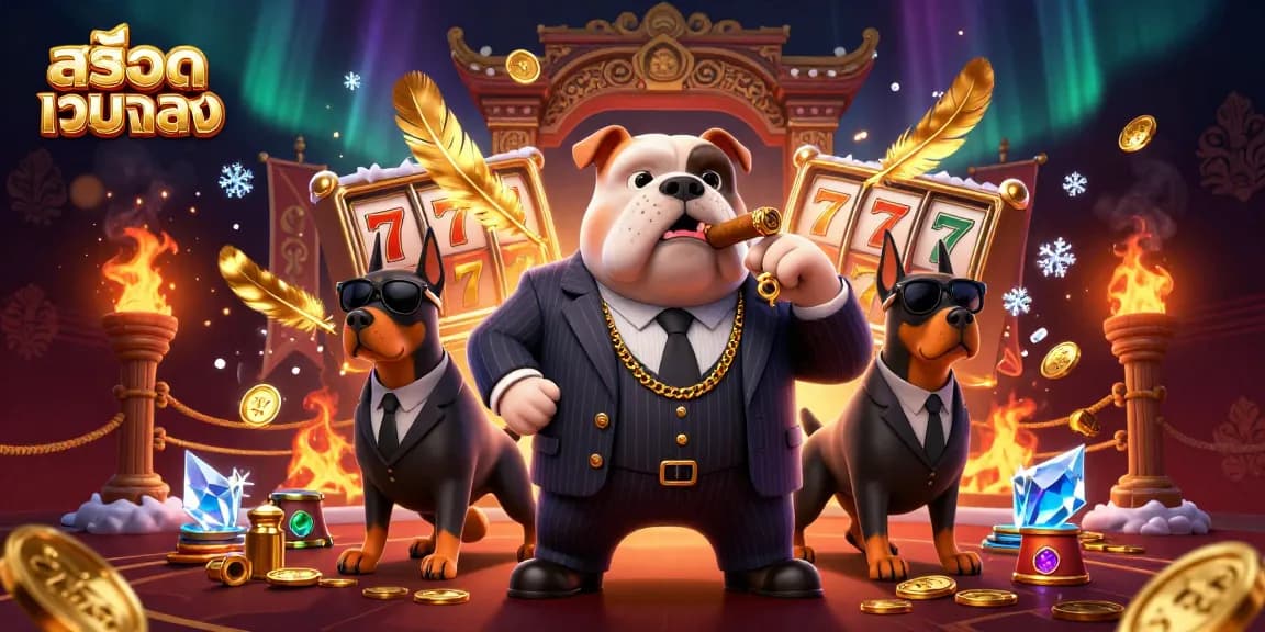 Win big with สล็อตเว็บตรง in this dynamic casino scene featuring a bulldog mafia boss.