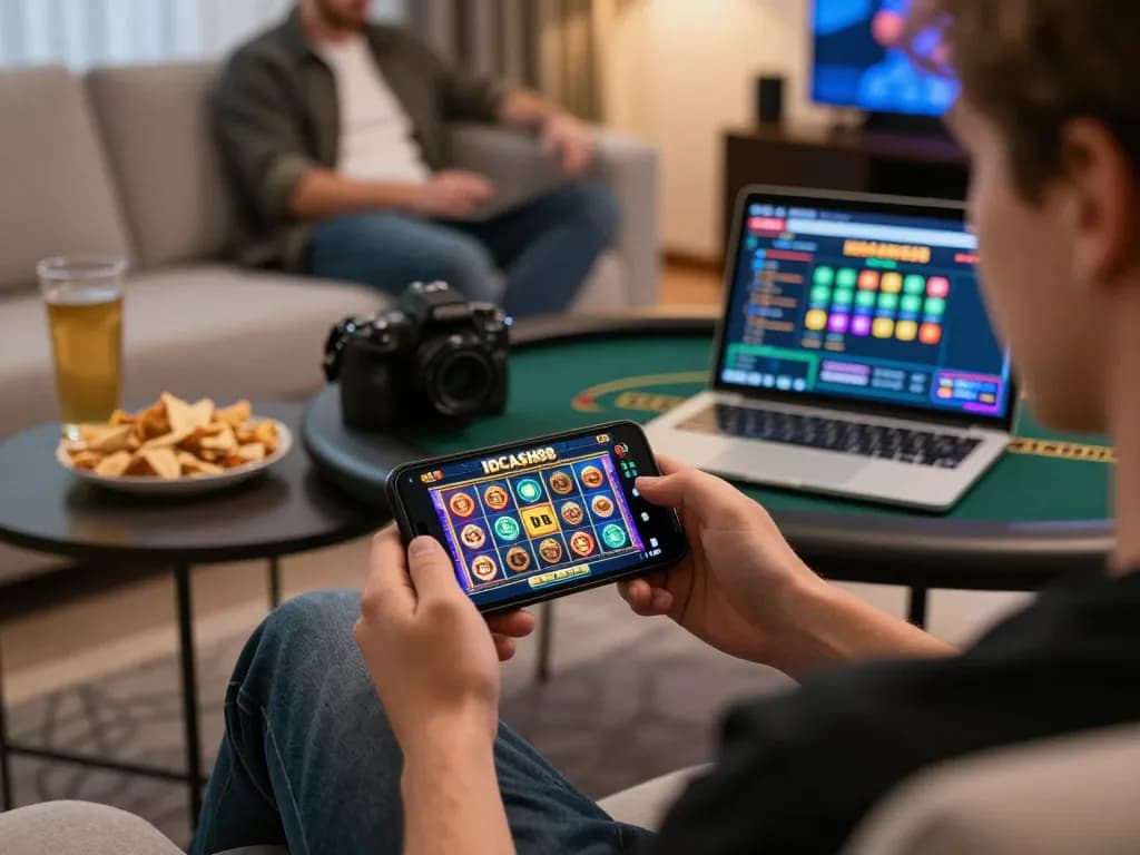 Players enjoying IDCASH88 slot games on mobile in a cozy home setup, demonstrating engaging online gaming.