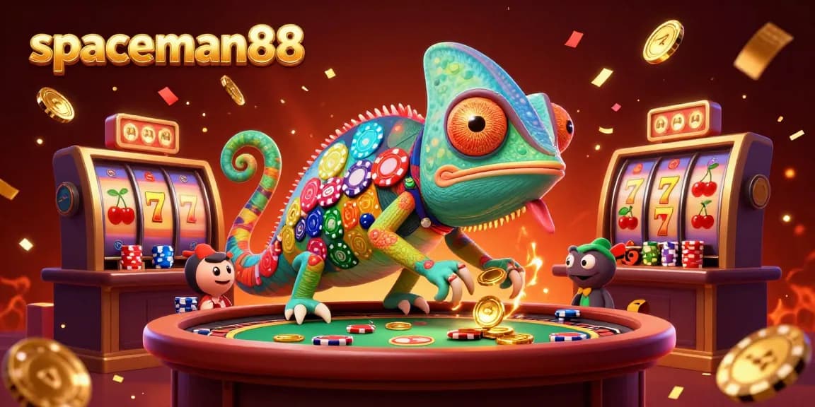 Play slot games with spaceman88 in an exciting casino scene featuring vibrant chameleons and jackpots.