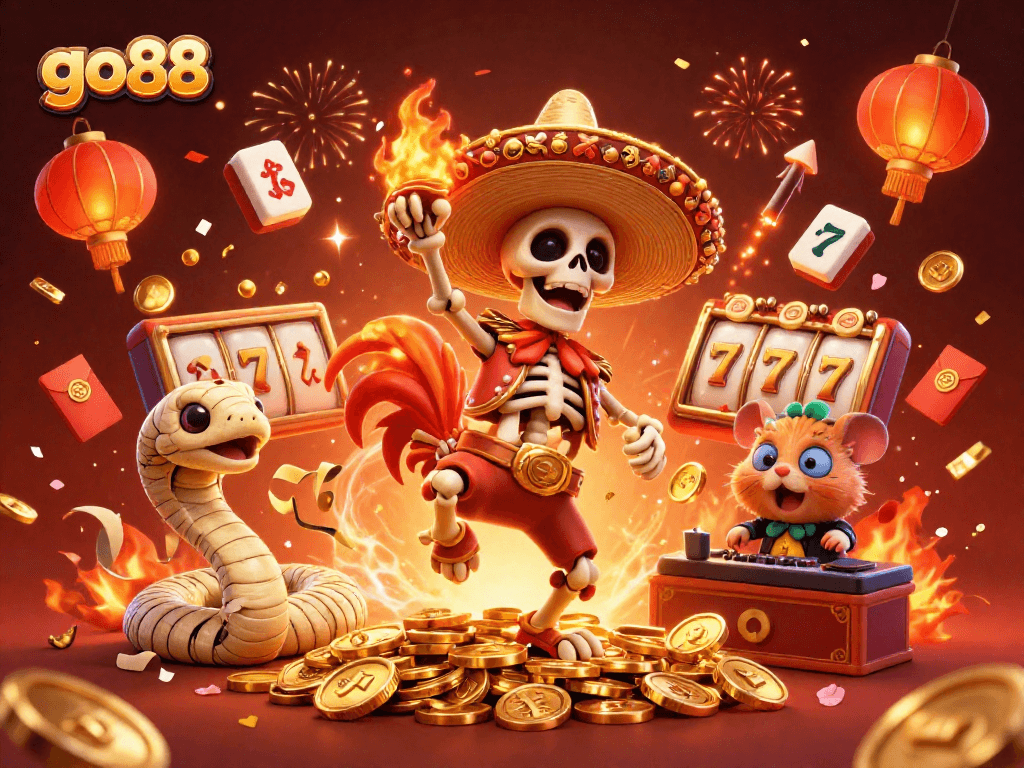 Go88 celebrates with lively characters in a dynamic casino scene featuring slots and vibrant decorations.