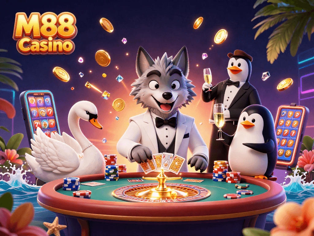 M88 Casino captivating scene with a debonair wolf, elegant swan, and penguin sommelier amidst dynamic gaming elements.