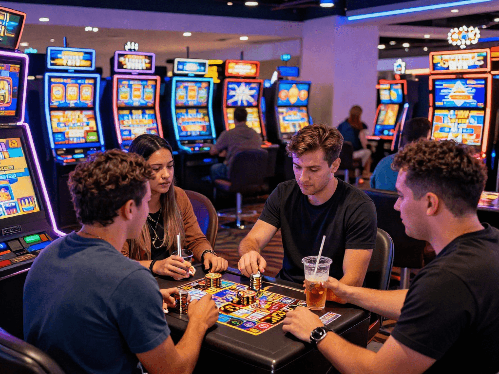 Exciting live gaming atmosphere with players enjoying slot gacor machines; vibrant casino setting.