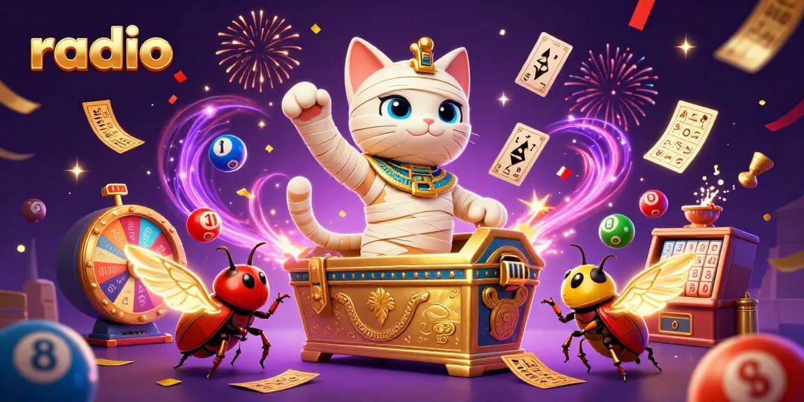 Experience radio-themed excitement with the Egyptian mummy cat amidst casino magic and vibrant action.