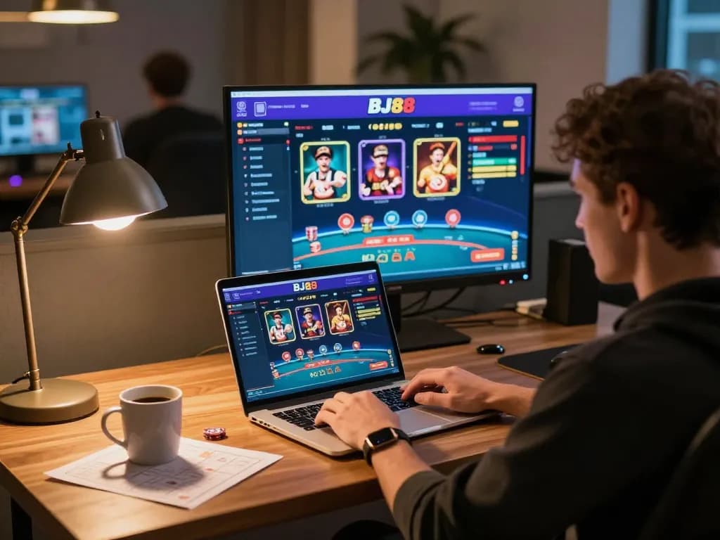 BJ88 online player enjoying thrilling casino games in a cozy gaming setup.