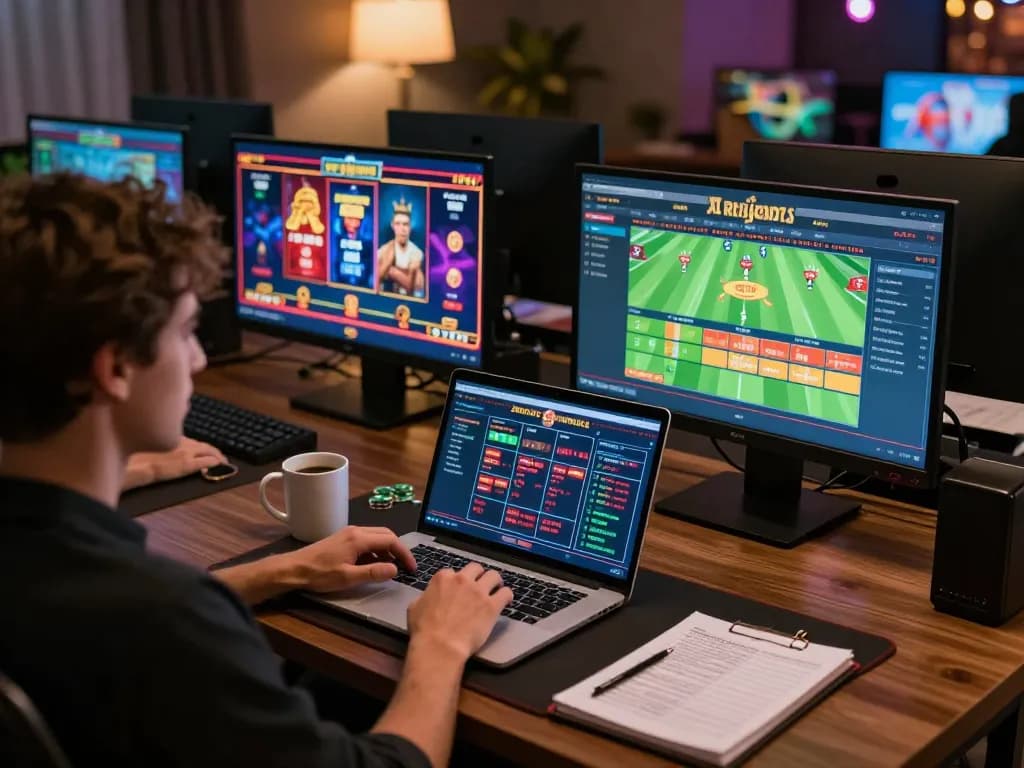 Player exploring rr88 online casino games on multiple screens in a cozy gaming setup
