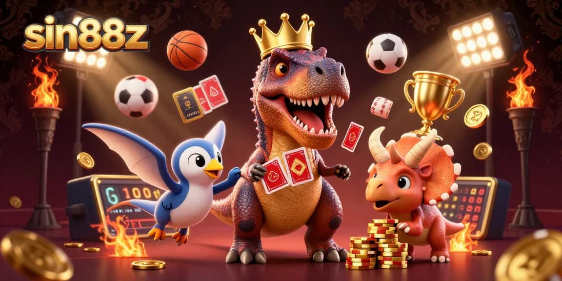 Experience sin88z fun with a T-Rex shuffling cards and a baby triceratops stacking chips.