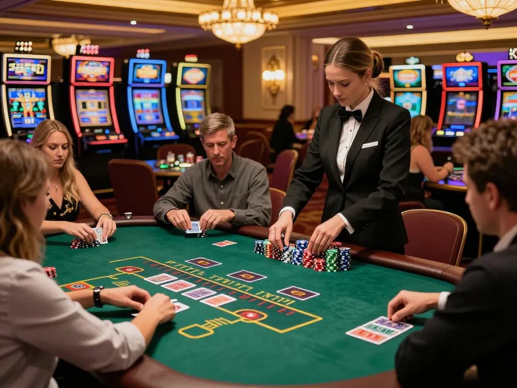 Experience the thrill of IWIN at a luxurious blackjack table in a vibrant casino.