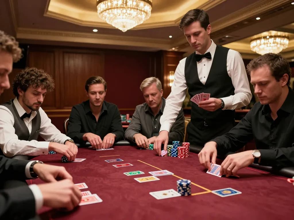 g28 players strategizing at a casino poker table with focused expressions and vibrant chip stacks