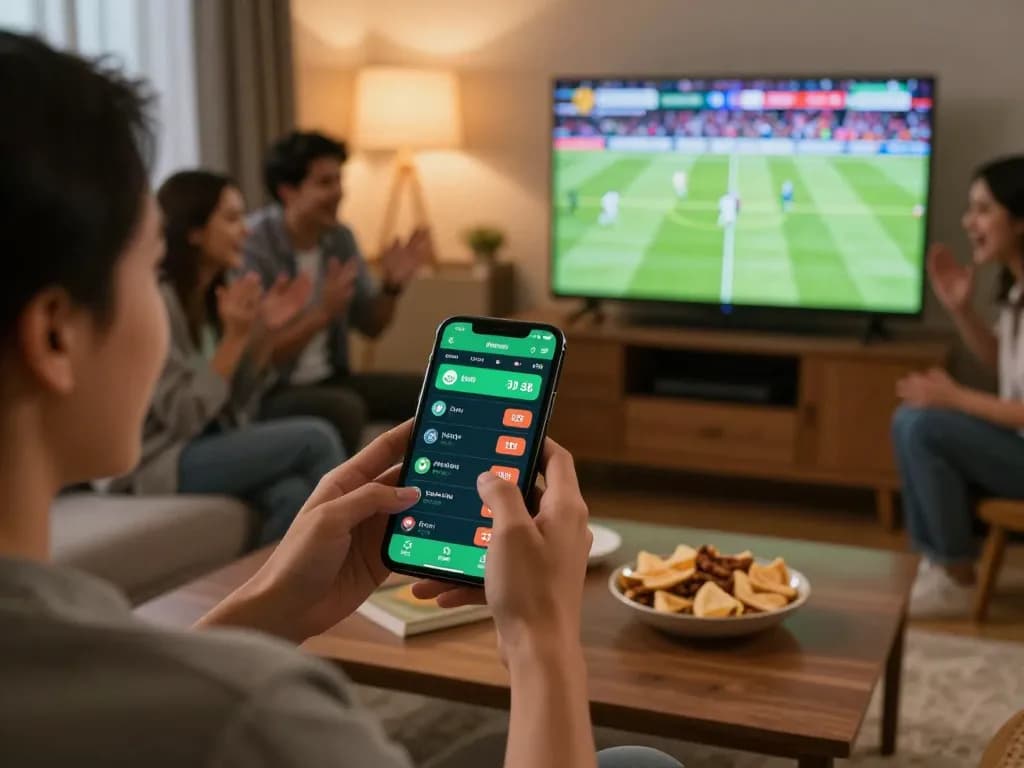 Engaging in soi kèo bóng đá while watching a live match at home, showcasing betting excitement.