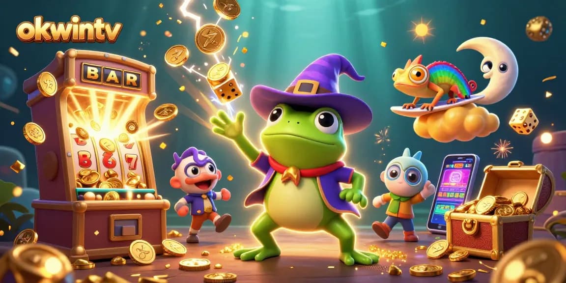 Engage with okwintv's thrilling gambling world featuring a vibrant 3D fantasy scene of coins and gaming symbols.