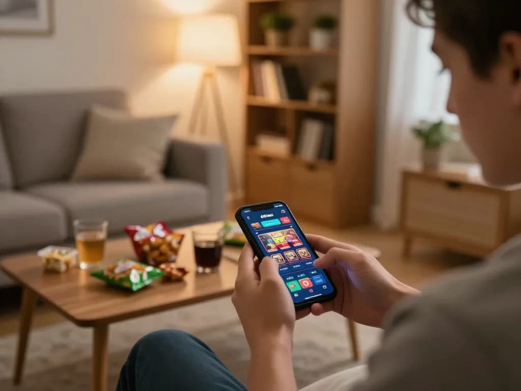 Person enjoying 68win mobile casino app in cozy living room, emphasizing casual gaming experience.