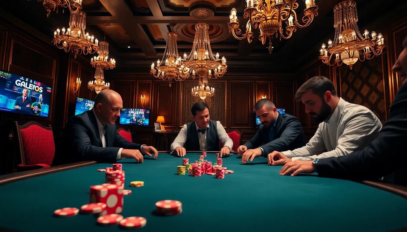Thrilling poker play at a casino table featuring thabet college branded chips and vibrant atmosphere.