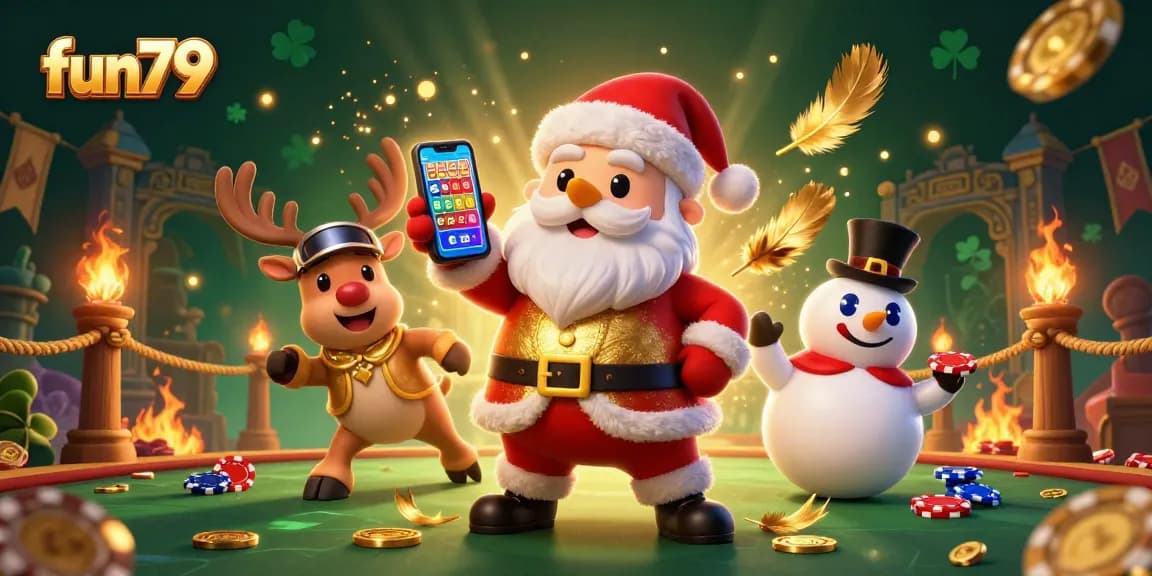 Experience excitement with fun79 at a vibrant casino scene featuring Santa, a reindeer dealer, and a poker chip snowman.