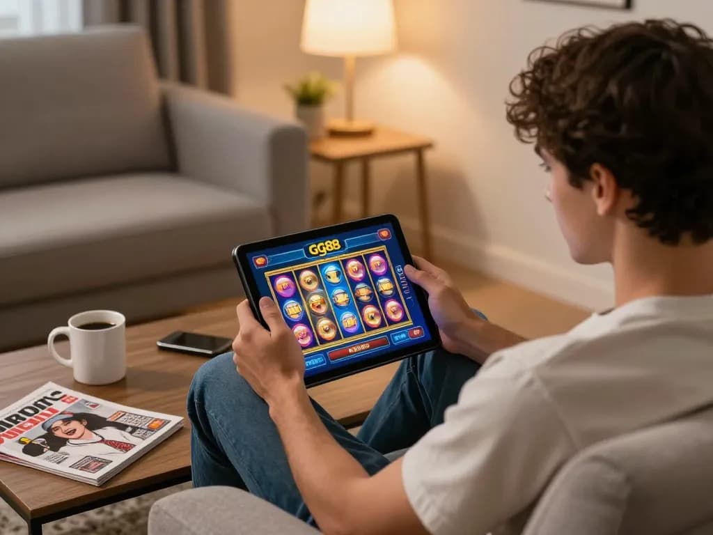 Experience excitement with gg88 as a player spins reels on a tablet in a cozy home setup.