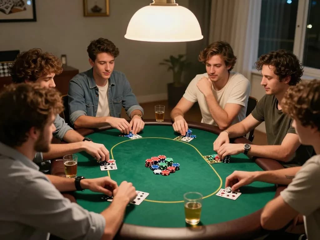 king33 players enjoying a friendly poker game with vibrant chips and drinks at a cozy home