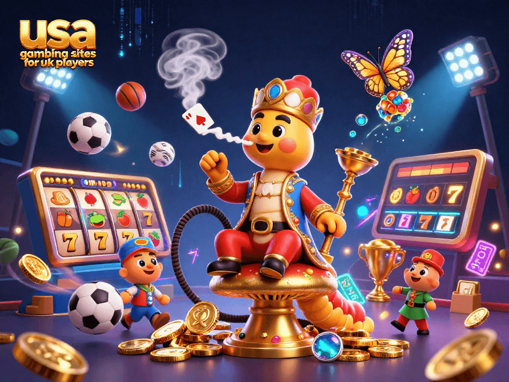 Play exciting games at usa gambling sites for uk players with vibrant 3D illustration of casino symbols.