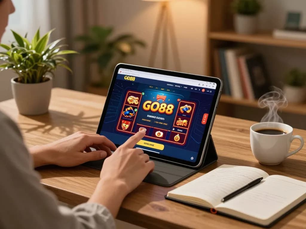 Engaging in the GO88 casino app on a tablet in a cozy home gaming setup.