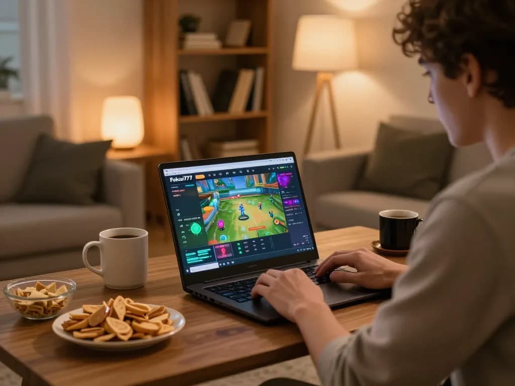 Person engaging with Fokus777 online game on laptop in a cozy home setting.