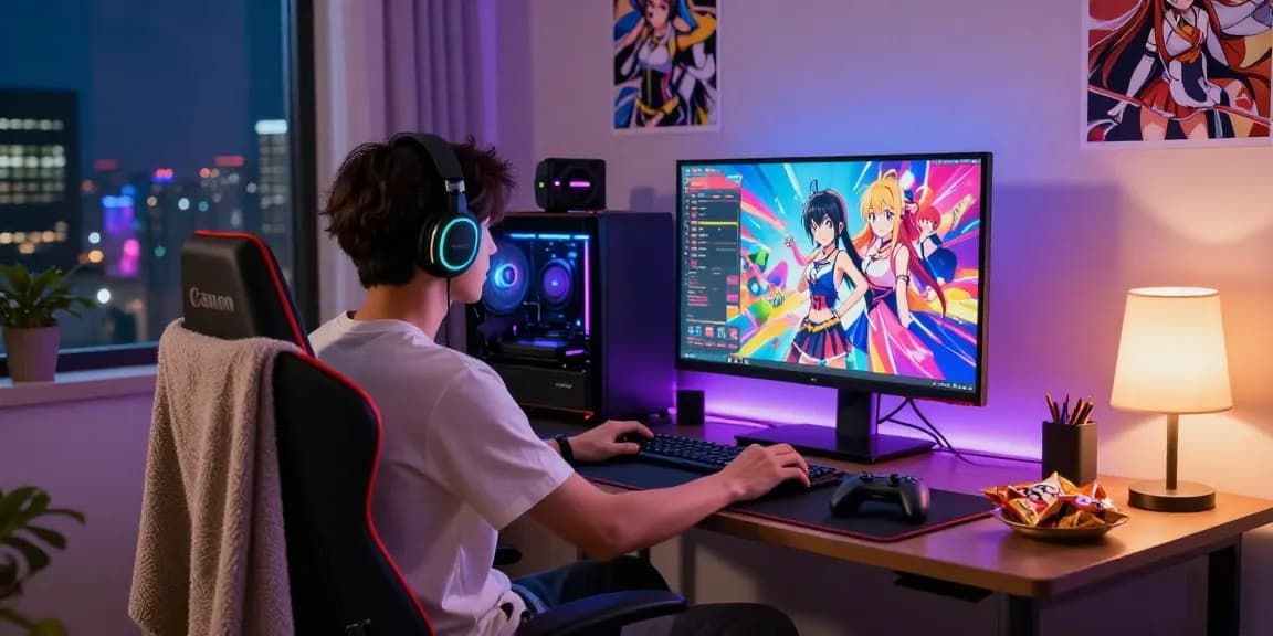 Engaging gamer playing an ecchi game in a vibrant gaming setup.