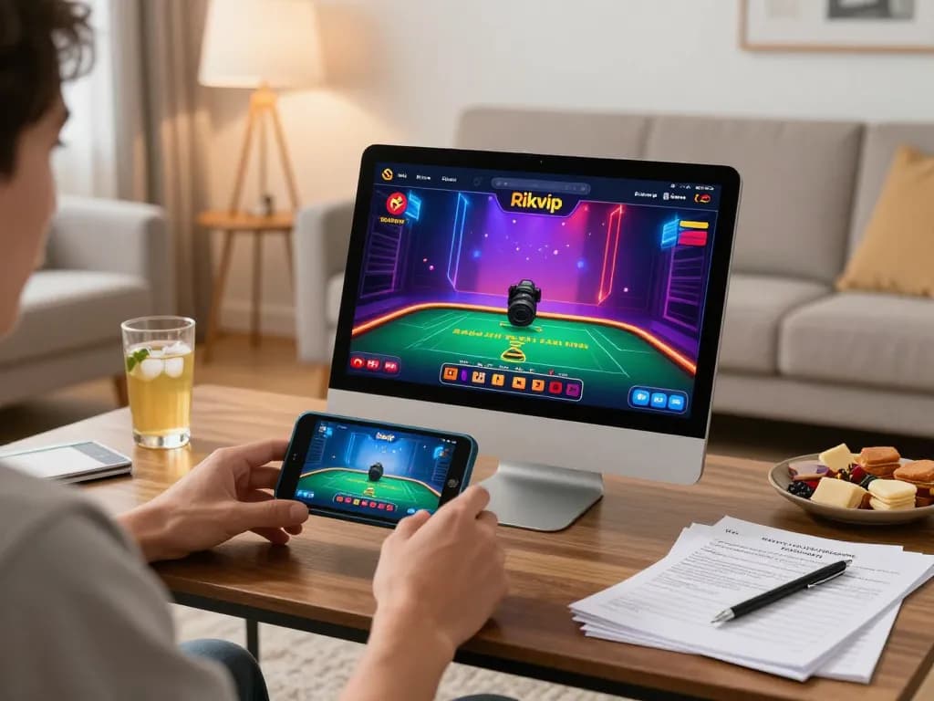 Betting on baccarat through Rikvip mobile app in a cozy home setup.