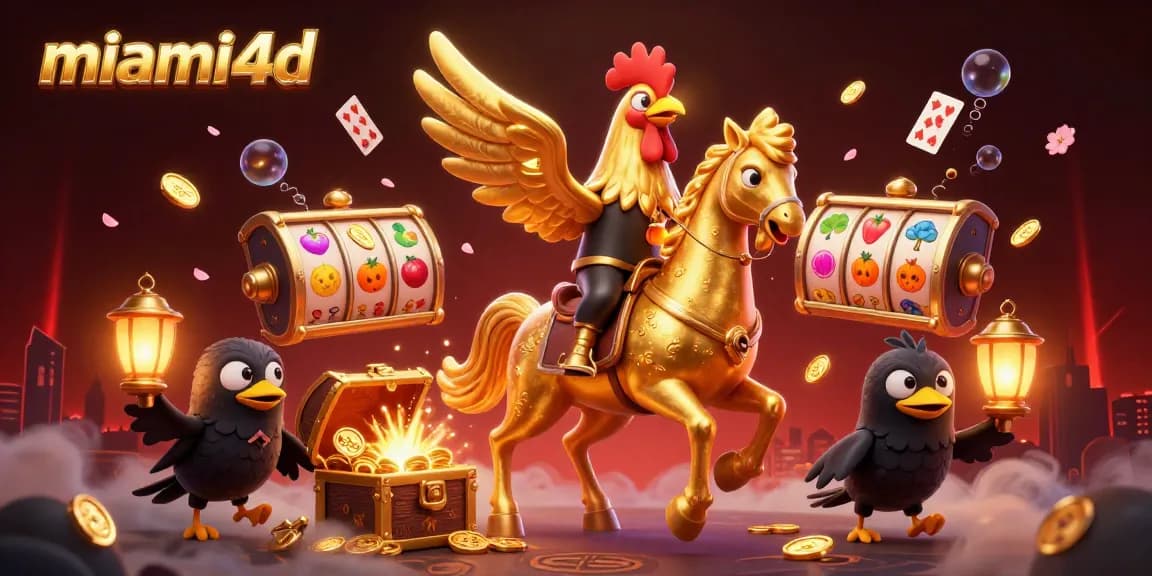 Engage with the thrilling world of miami4d as golden rooster characters illuminate a dynamic casino scene.