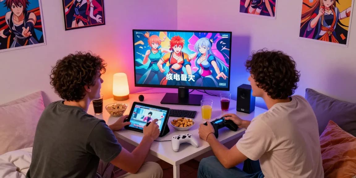 Friends enjoying hentai games together in a cozy bedroom setup.