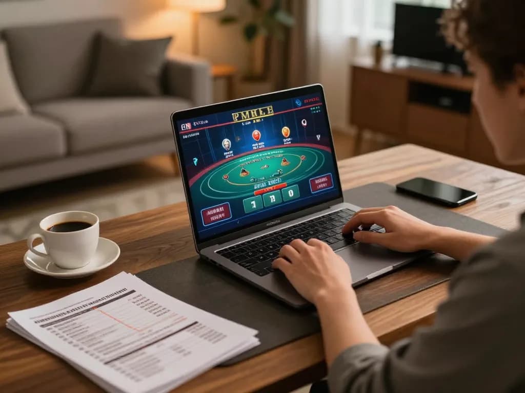 Player engaging with sky88 live casino on a laptop, surrounded by strategy notes and coffee.