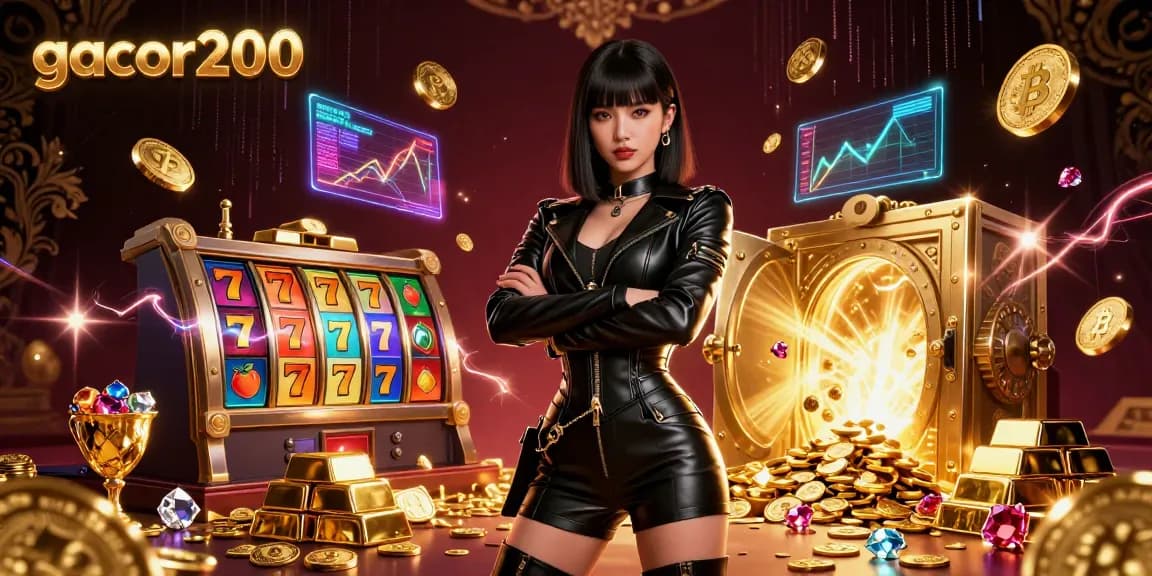 Experience the thrill of gacor200 with a powerful Asian female character amidst vibrant slot reels and gold treasures.
