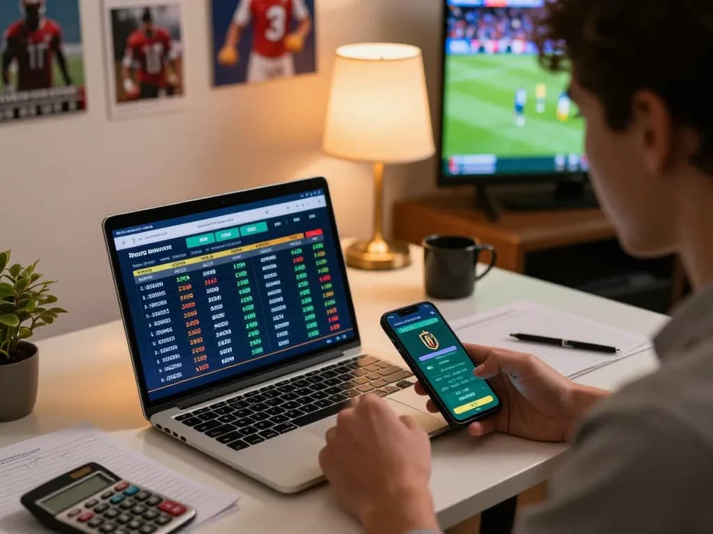Engaging in strategic sports betting on king33 with laptops and apps, showcasing dynamic gameplay.