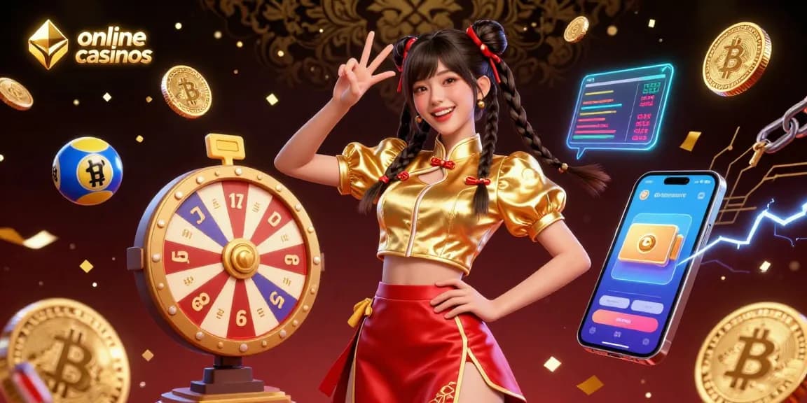 Experience vibrant action in online casinos with a joyful Asian woman, crypto coins, and colorful games.